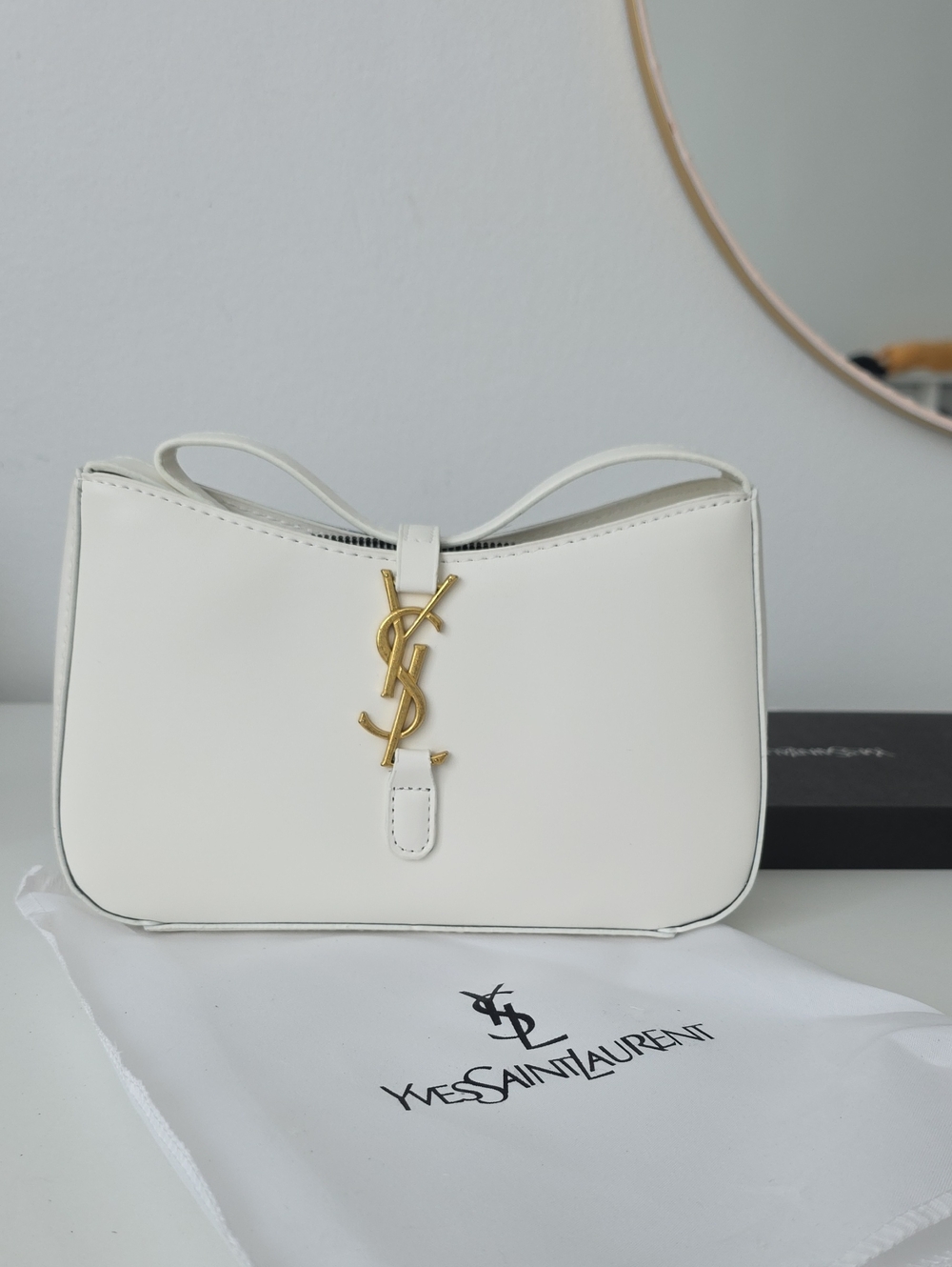 Saint Laurent Cream Leather Shoulder Bag with Gold YSL Emblem